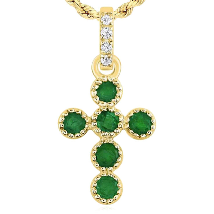 0.11CTW Natural Diamond Emerald 14K Gold Round Cross Pendant 0.55" - WJD Exclusives