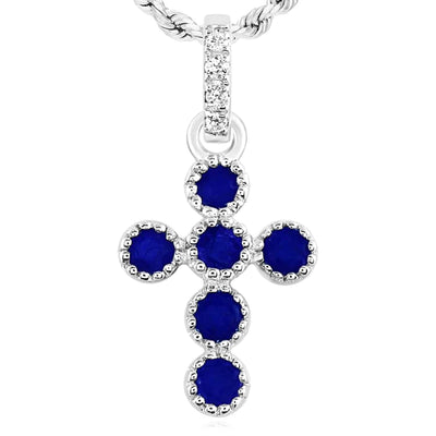 0.11CTW Natural Diamond Sapphire 14K White Gold Round Cross Pendant 0.55" - WJD Exclusives