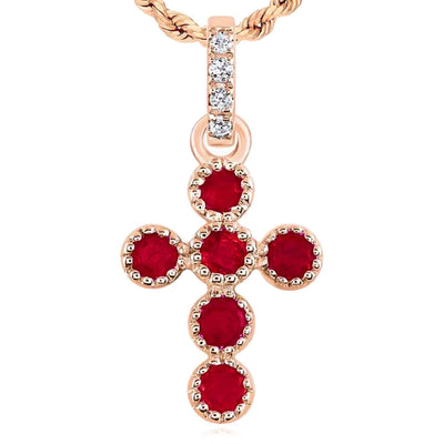 0.11CTW Natural Diamond Ruby Real 14K Rose Gold Cross Pendant 0.55" - WJD Exclusives