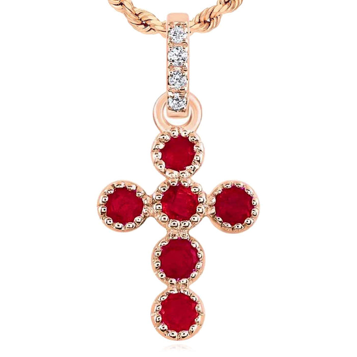 0.11CTW Natural Diamond Ruby Real 14K Rose Gold Cross Pendant 0.55" - WJD Exclusives