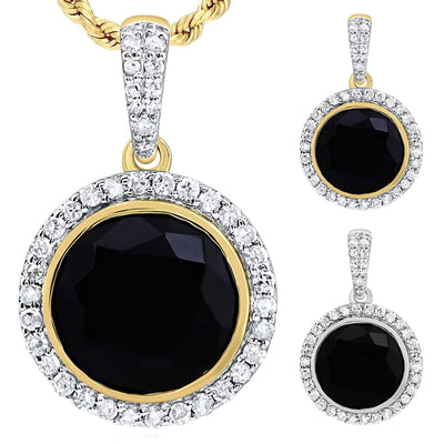 0.25CTW Natural Diamond 10K Gold Yellow White Halo Black Onyx Pendant 21mm - WJD Exclusives