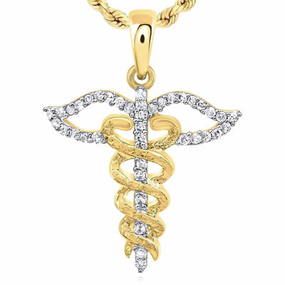 0.12CTW Natural Diamond 10K Yellow Gold Caduceus Medical Symbol Pendant 0.85" - WJD Exclusives