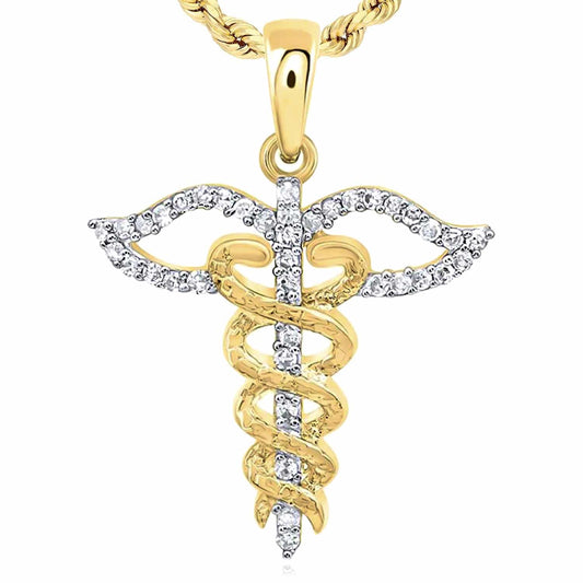 0.12CTW Real Diamond 10K Yellow Gold Caduceus Medical Symbol Pendant 0.85"