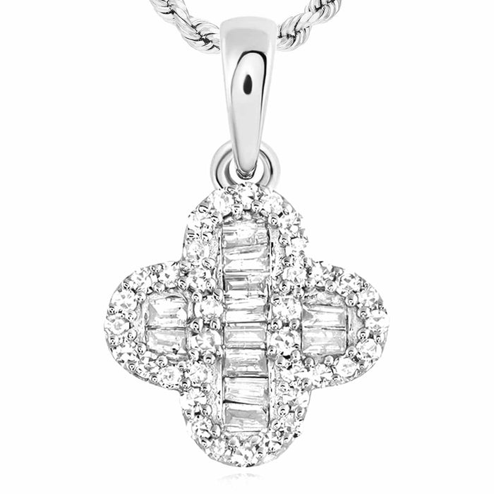 0.20CTW Natural Diamond Baguette 10K Gold Yellow White Rose Clover Pendant 0.6" - WJD Exclusives