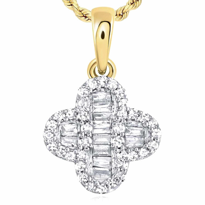 0.20CTW Natural Diamond Baguette 10K Gold Yellow White Rose Clover Pendant 0.6" - WJD Exclusives
