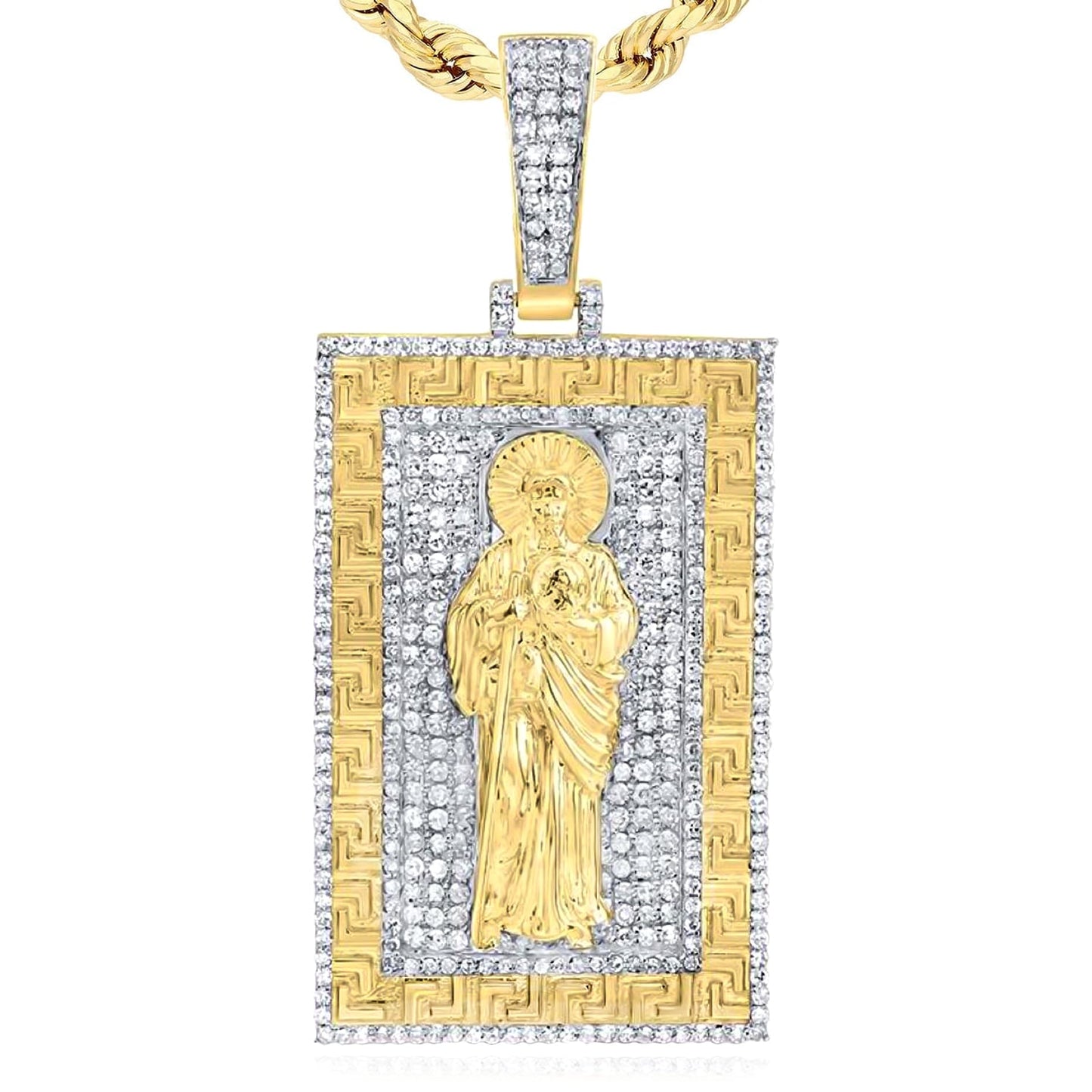 1.50CTW Real Diamond 10K Yellow Gold Textured St. Jude Frame Pendant 2.1"