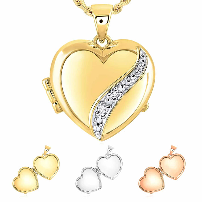 Natural Diamond 10K Gold Yellow White Rose Heart DIY Photo Locket Pendant 1" - WJD Exclusives