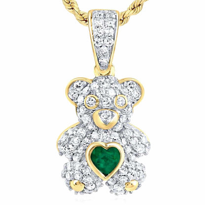 Real Diamond 10K Yellow Gold Heart Real Emerald Teddy Bear Pendant 0.75"