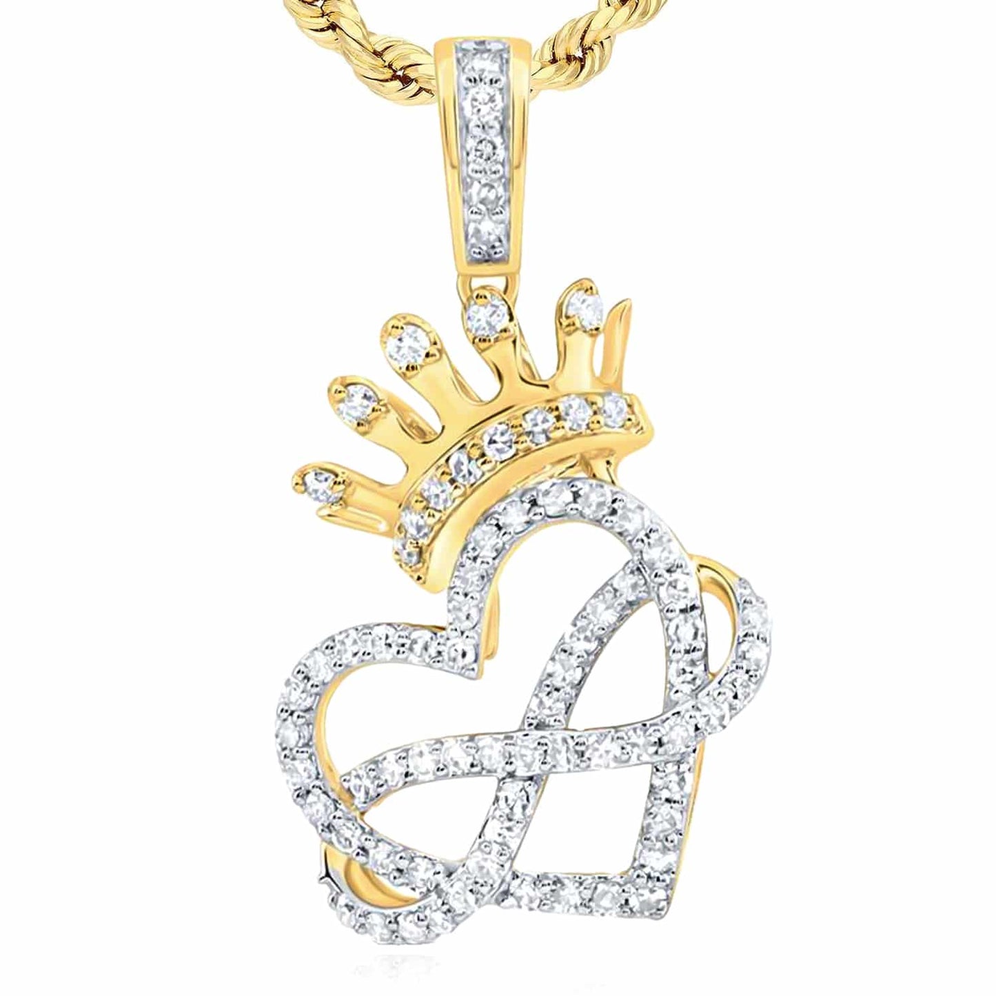 0.37CTW Real Diamond 10K Gold Yellow White Infinity Heart Crown Pendant 1"