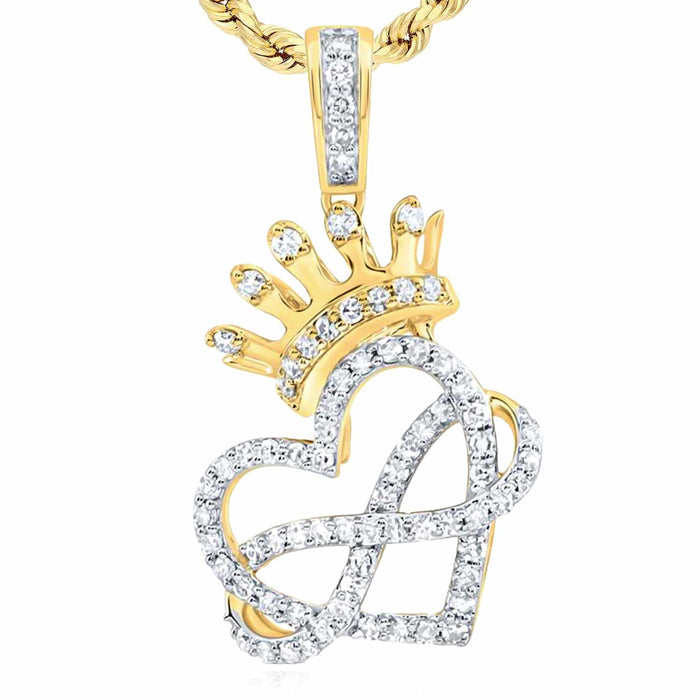 0.37CTW Natural Diamond 10K Gold Yellow White Infinity Heart Crown Pendant 1" - WJD Exclusives
