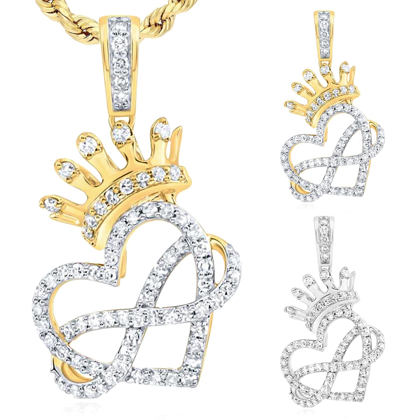 0.37CTW Real Diamond 10K Gold Yellow White Infinity Heart Crown Pendant 1"