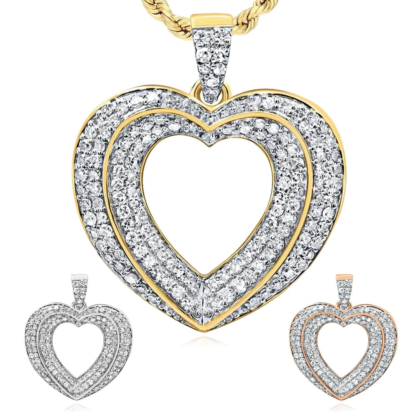 0.37CTW Real Diamond 10K Gold Yellow White Rose Multi-Heart Pendant 0.8"