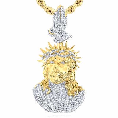 Natural Diamond 10K Yellow Gold Jesus with Praying Hands Pendant 2.1" 2.7" - WJD Exclusives