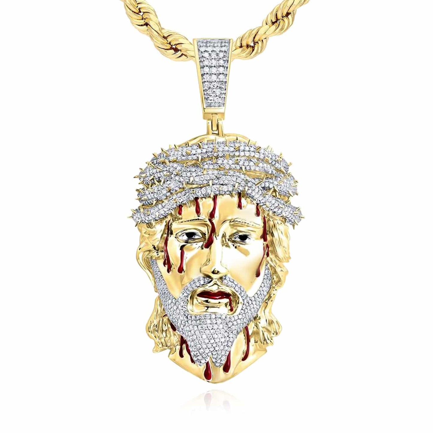 Real Diamond 10K Yellow Gold Jesus Face with Blood Thorns Pendant 1.45"-3.2"
