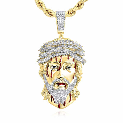 Real Diamond 10K Yellow Gold Jesus Face with Blood Thorns Pendant 1.45"-3.2"