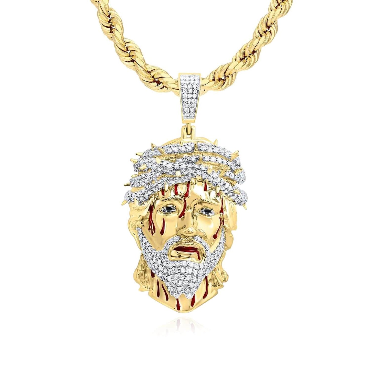 Real Diamond 10K Yellow Gold Jesus Face with Blood Thorns Pendant 1.45"-3.2"