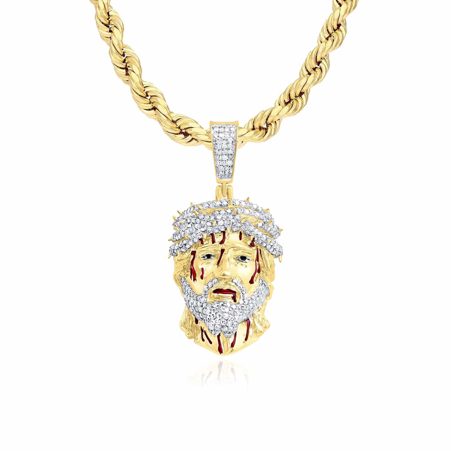 Natural Diamond 10K Yellow Gold Jesus Face with Blood Thorns