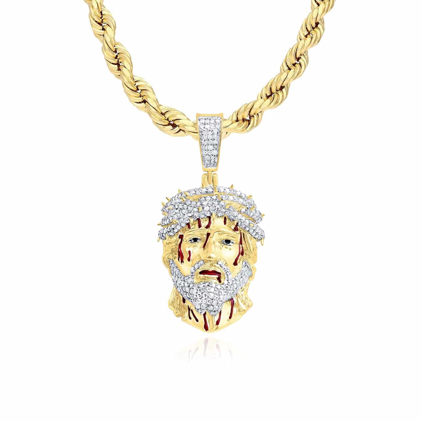Real Diamond 10K Yellow Gold Jesus Face with Blood Thorns Pendant 1.45"-3.2"