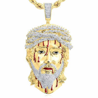 Natural Diamond 10K Yellow Gold Jesus Face with Blood Thorns Pendant 1.45" - 3.2" - WJD Exclusives