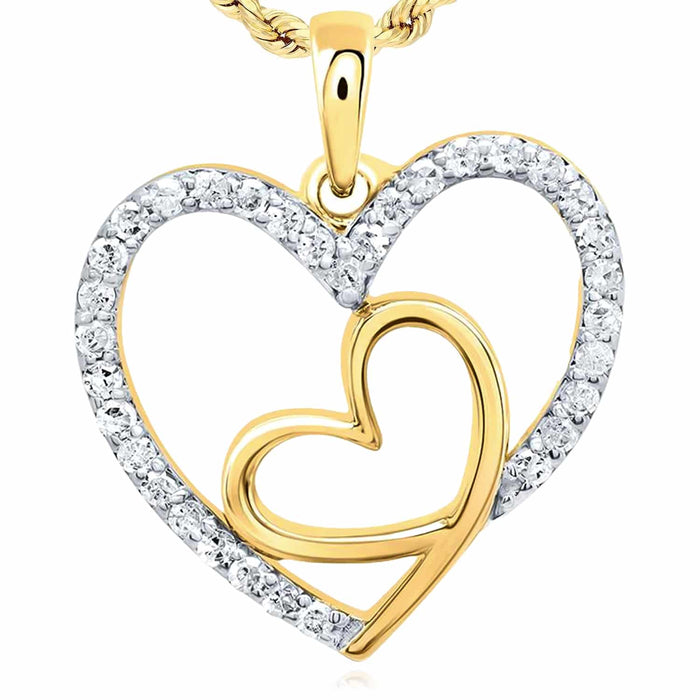 0.20CTW Natural Diamond 10K Gold Yellow White Rose Double Heart Pendant 0.8" - WJD Exclusives
