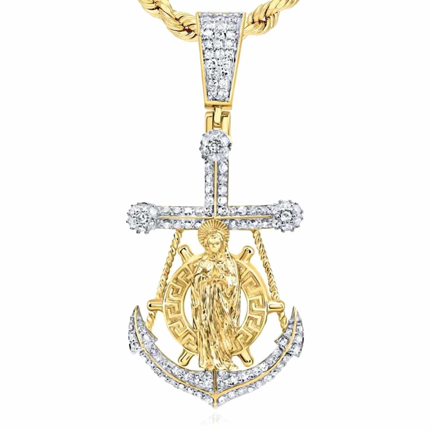 0.62CTW Real Diamond 10K Yellow Gold Anchor Mother Mary Pendant 1.7"