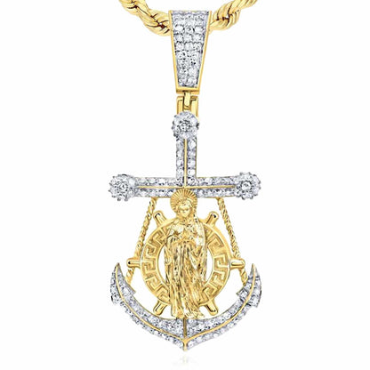 0.62CTW Real Diamond 10K Yellow Gold Anchor Mother Mary Pendant 1.7"