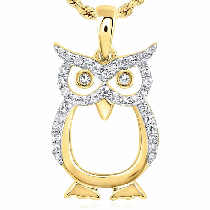 0.16CTW Natural Diamond 10K Gold Yellow White Owl Pendant 0.84" - WJD Exclusives