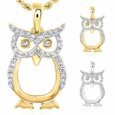 0.16CTW Natural Diamond 10K Gold Yellow White Owl Pendant 0.84" - WJD Exclusives