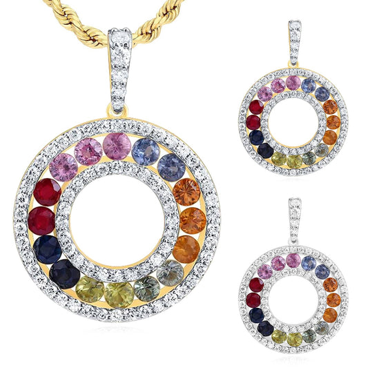 2.00CTW Real Diamond & Sapphire Multicolor 14K Real Gold Circular Pendant