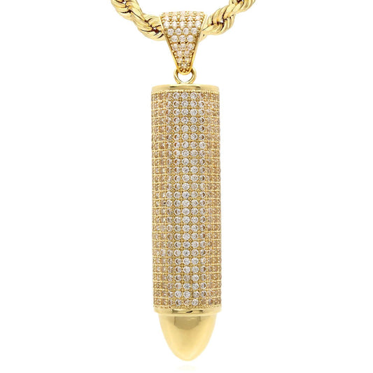 14K Real Gold Bullet-Shaped CZ Pendant 1.7" 2.2" 2.6"
