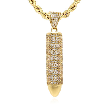 14K Real Gold Bullet-Shaped CZ Pendant 1.7" 2.2" 2.6"