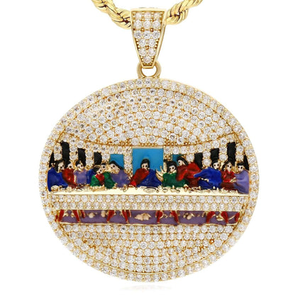 14K Real Gold 4CTW CZ Round Last Supper Pendant 1.77"