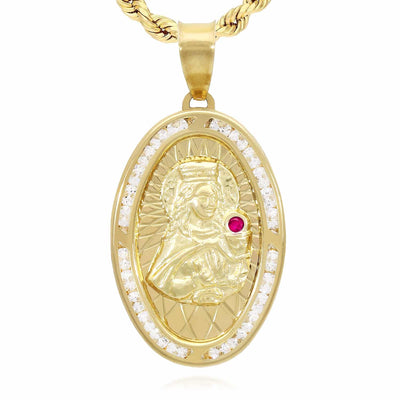 10K Yellow Gold CZ Ruby Religious Santa Barbara Medallion Pendant 1.6"