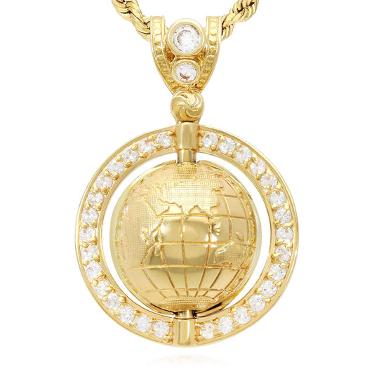 14K Real Gold 1.8CTW CZ Rotating Globe Charm Pendant 1.57"