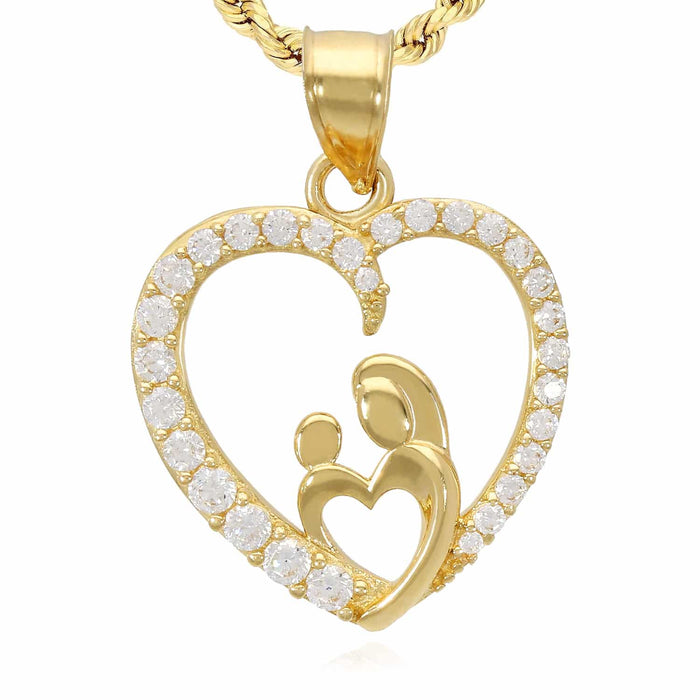 14K Yellow Gold 1CTW CZ Mother Infant Open Heart Pendant 1"
