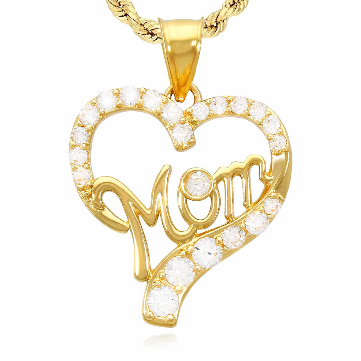14K Yellow Gold CZ Open Heart "Mom" Pendant 0.98"