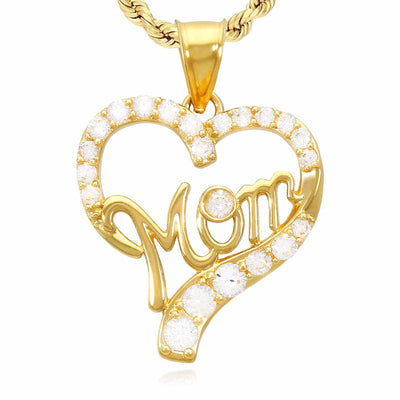 14K Yellow Gold CZ Open Heart "Mom" Pendant 0.98"