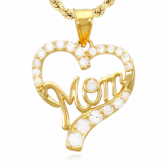 14K Yellow Gold CZ Open Heart "Mom" Pendant 0.98"