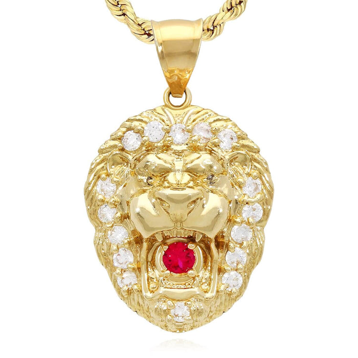 10K Gold CZ Ruby Lion Face Pendant 0.79" - 1.38"
