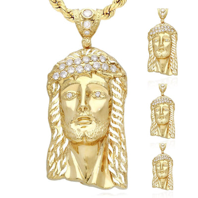 14K Yellow Gold CZ Jesus Head Pendant 1.6"-3.5"