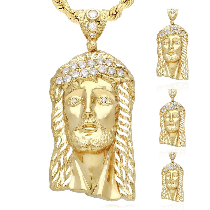 14K Yellow Gold CZ Jesus Head Pendant 1.6"-3.5"