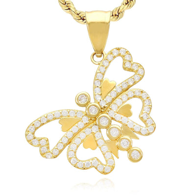 14K Yellow Gold CZ Butterfly and Hearts Pendant 1.2"