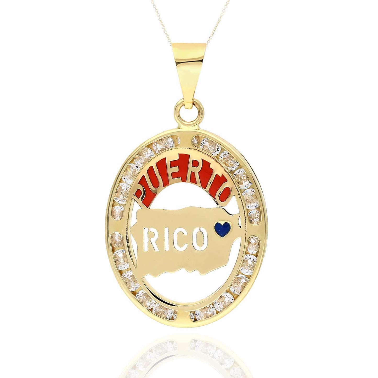 10K Yellow Gold CZ Enameled Puerto Rico Map Oval Shape Disc Pendant