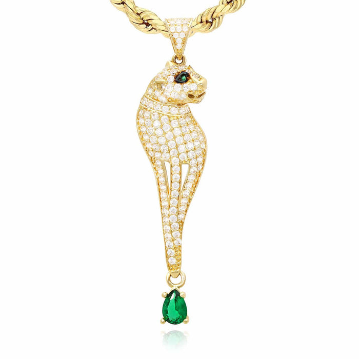 14K Yellow Gold CZ Pave Panther Pendant With Dangle Pear Emerald