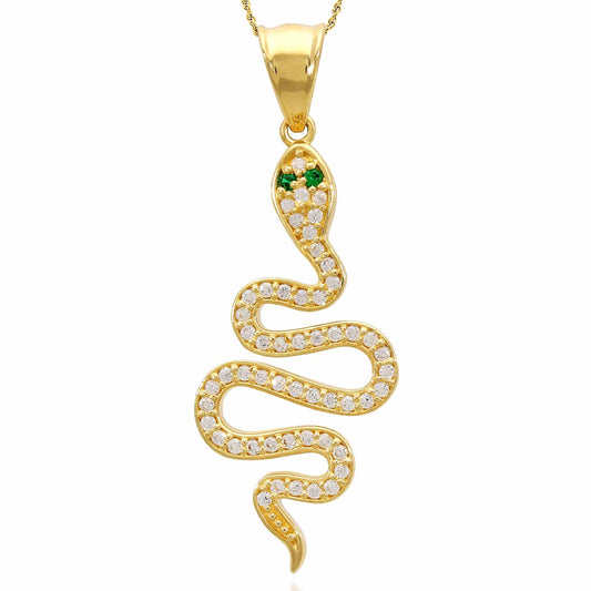 14K Yellow Gold CZ And Emerald Snake Charm Pendant