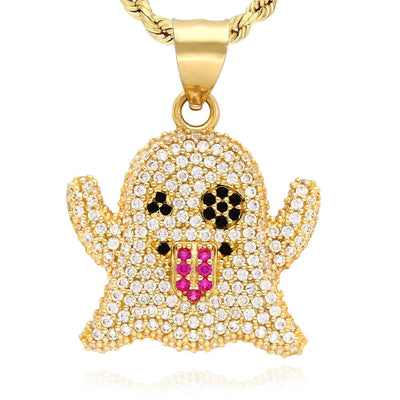 14K Yellow Gold CZ Iced Ghost Emoji Pendant 1.2"