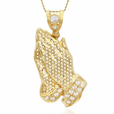 14K Yellow Gold 0.6CTW CZ Crosses Praying Hands Pendant