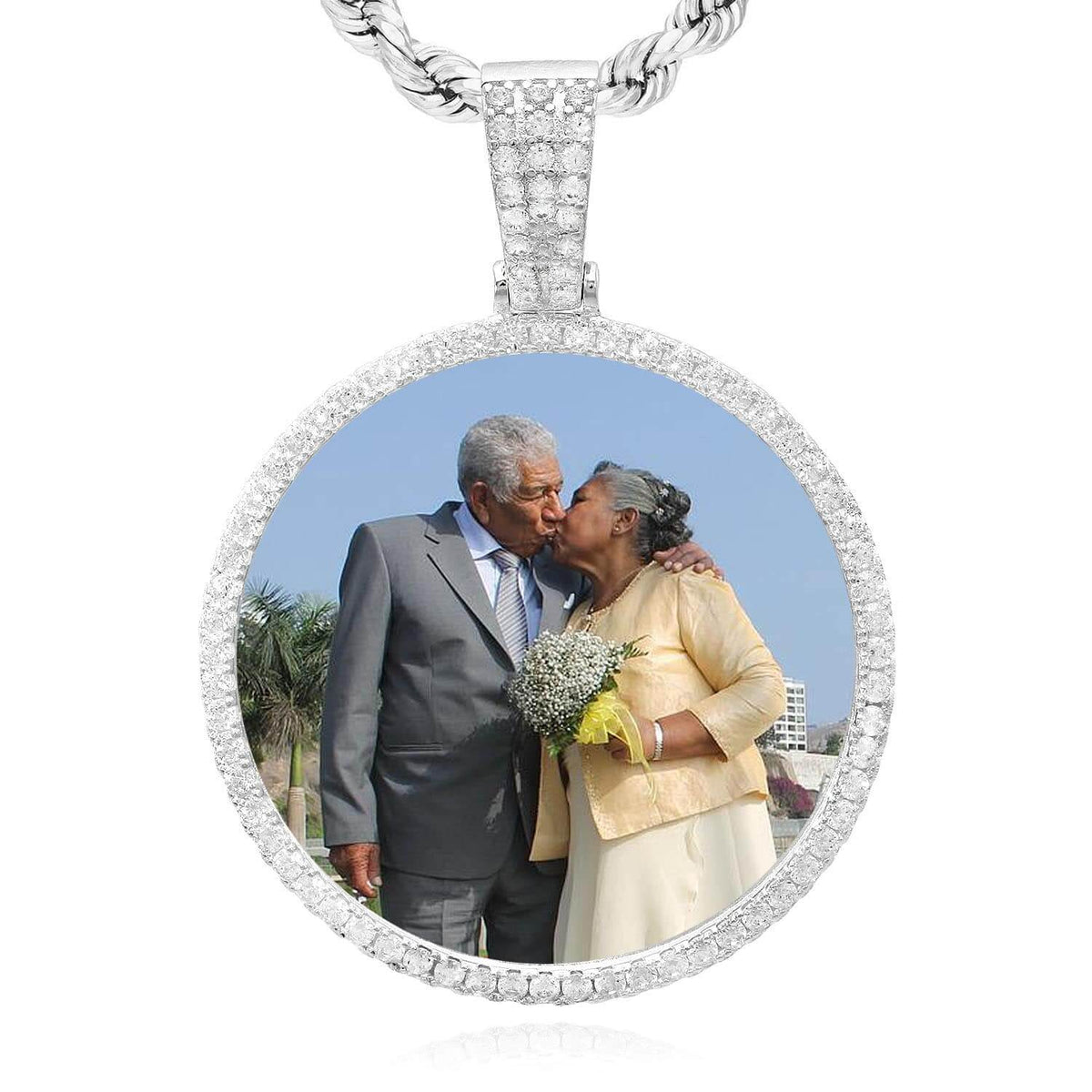 14K White Gold Over Silver CZ Picture Memory Frame Medallion Pendant 1"-2"