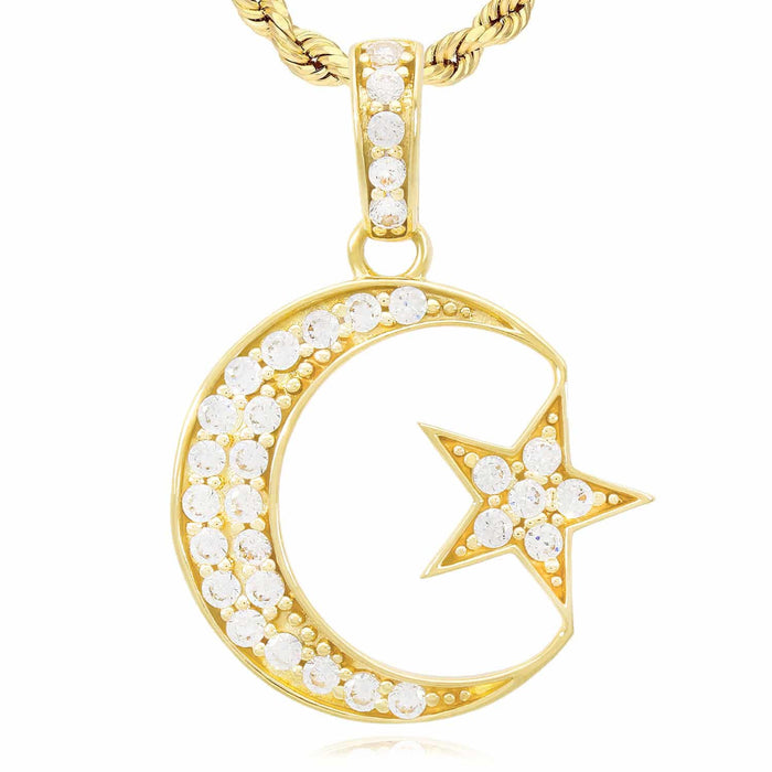 14K Gold CZ Pave Crescent Moon Star Pendant 1"-1.4"