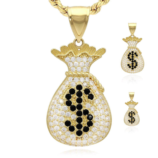 14K Yellow Gold CZ And Onyx Dollar $ Sign Money Bag Charm Pendant